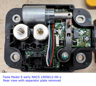 Telsla Model S early Charge Port: Rear view of PCB and nozzle lock.