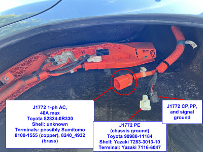 RAV4 EV J1772 port harness connections in LR wheel well