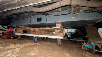 Nearly in place. The large hose along the top of the picture is the diesel filler for the heater. It runs from the original filler to a small tank behind the front wheel.