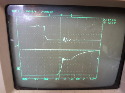 Oscilloscope trace of the PWM channel (top) and IGBT closing (bottom) simultaneously. Note the synchronized 'ringing' when the IGBT reaches a 'plateau'.