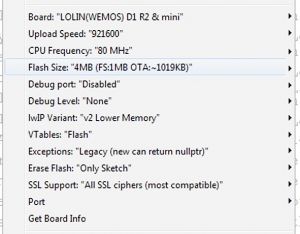 Arduino IDE settings for Wemos D1 mini board