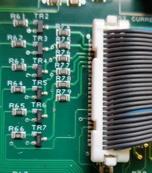 Partial shot of the 50 pin connector showing the location of the resistors which can be used as test points to check for the PWM signal on MG2 A/B/C Hi / Low.