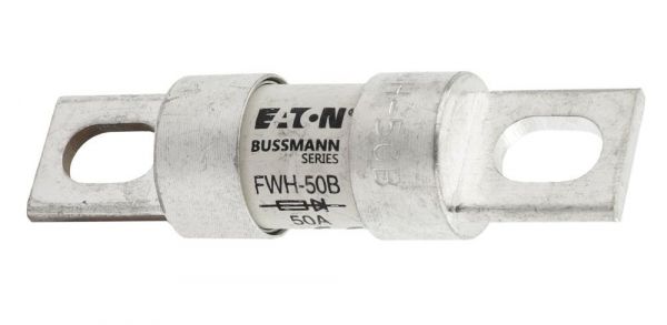 Eaton Bussmann (Cooper) FWH-50B, showing the diode electrical symbol which indicates that it's a semiconductor fuse (very fast acting).