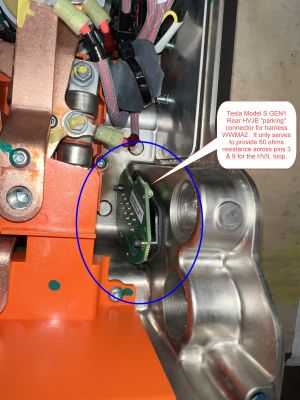 Telsa Model S GEN1 Rear HVJB: rear views of harness WWMA2 "parking" connector which contains only a 60 ohm resistor.  This connector is used when a Tesla does not have a Second/Slave OBC.