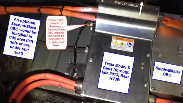 Tesla Model S OBC in Single/Master configuration. Note "parked" harness WWMA2 on Rear HVJB.